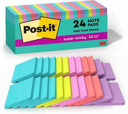 Post-it Super Sticky Notes, 24 Sticky Note Pads, 3 x 3 in., School Supplies, Office Products, Sticky Notes for Vertical Surfaces, Monitors, Walls and Windows, Supernova Neons Collection in Saudi Arabia