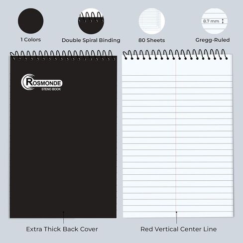 12 Pack Spiral Steno Pads ، 6 × 9 ، قاعدة Gregg ، وسادة Steno Black ، طويلة الأمد - 80 ورقة (160 صفحة) ، دفتر حلزوني أعلى ، دفتر ستينو السائبة للأعمال التجارية ، Top Spiral Steno Book for Office in Kuwait