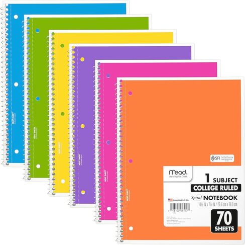 Mead Spiral Notebooks, 6 Pack, 1-Subject, College Ruled Paper, 8" x 10-1/2", 70 Sheets, Assorted Pastel Colors (830049) in Saudi Arabia
