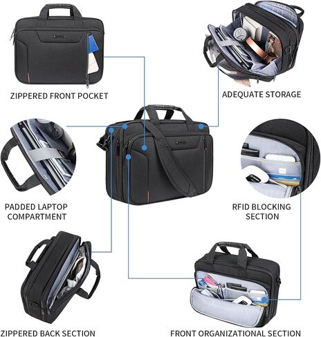 EMPSIGN Stylish Laptop Bag Briefcase, 17.3 Inch Laptop Case Expandable Messenger Bag for Men Water Repellent, RFID Blocking Office Carrying Shoulder Bag for Work Business Travel-Black in Kuwait