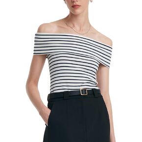 Off Shoulder Black Knit Short Sleeve T shirts for Women Dressy Business Casual Fitted T Shirts for Women