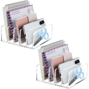 BEYGORM Acrylic Mail Holder, Clear Desk Organizer with Divider, Vertical Letter Sorter for Desktop, 5 Compartments Modern Office Home Envelope Organizer for Bill, Document, Notebook