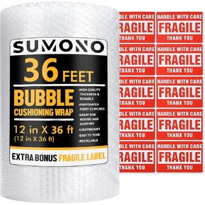 Bubble Cushioning Wrap Roll, Sumono 12 Inch x 72 Feet Total [2 Rolls of 36 Feet] Bubble Roll Perforated 12 Inch Included 20 Fragile Sticker Label