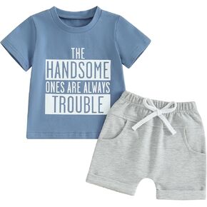 Toddler Baby Boy Summer Outfit Letter Print Short Sleeve T Shirt Tops Elastic Stripe Shorts Cute Infant Clothes