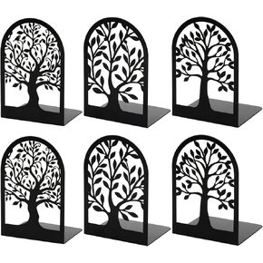 HappyHapi Book Ends, Metal Bookends for Shelves Decorative, Tree Stopper for Heavy Books, Black Ends to Hold Books for Home Office, 6.5 X 4.7 X 3.5 Inch(3 Pairs/6 Pcs, Large)