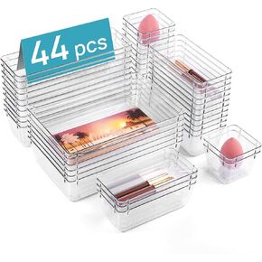 Vtopmart 44 PCS Clear Plastic Drawer Organizers Set, 4-Size Versatile Bathroom and Vanity Organizer Trays, Non-Slip Storage Containers for Makeup, Jewelries, Bedroom，Kitchen Utensils and Office in Kuwait