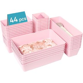 Vtopmart 44 PCS Clear Plastic Drawer Organizers Set, 4-Size Versatile Bathroom and Vanity Organizer Trays, Non-Slip Storage Containers for Makeup, Jewelries, Bedroom，Kitchen Utensils and Office