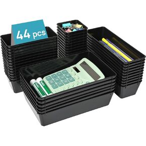 Vtopmart 44 PCS Clear Plastic Drawer Organizers Set, 4-Size Versatile Bathroom and Vanity Organizer Trays, Non-Slip Storage Containers for Makeup, Jewelries, Bedroom，Kitchen Utensils and Office