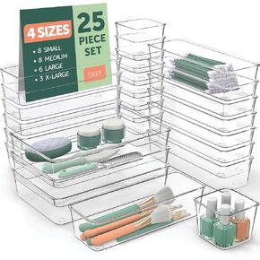 25 PCS Clear Plastic Drawer Organizers Set, 4 Sizes Clear Drawer Organizers & storage Bins for Makeup/Jewelry Vanity, Kitchen Gadgets Or Office Desk. Bathroom Drawer Organizer Trays With Non-Slip Pads