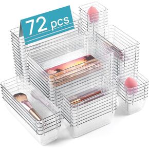 Vtopmart 72 PCS مجموعة درج بلاستيكية واضحة ، وحمام متعدد الحمامات متعدد الاستخدامات وصواني منظمات الغرور ، وحاويات تخزين غير انزلاق للمكياج ، والمجوهرات ، وأدوات المطبخ ، والمكتب