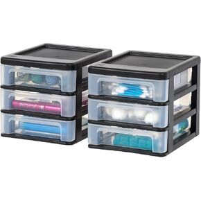 IRIS USA Plastic Stacking Desk Top 3-Drawer Storage Organizer, 2-Pack, for Makeup Vanity Nail Polish Bathroom Stationery Art Craft Supplies Kitchen Office Garage and Small Organization, Medium, Black