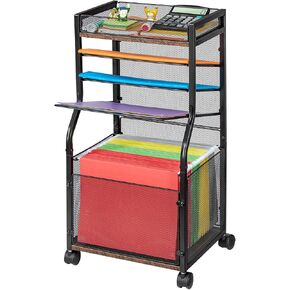 5-Tier Rolling File Cart with Hanging File Folders, Mobile Desk File Organizer on Lockable Wheels, Wood & Mesh Paper Letter Sliding Trays Organization for Office, Home, School, Patent