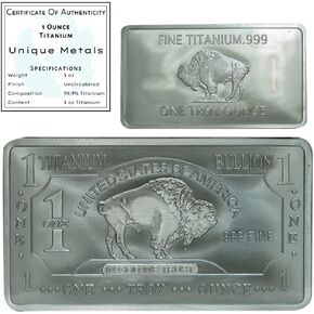1 تروي أوقية (أوقية) Titanium Bar Bullion Paper Metal مع شهادة الأصالة | صنع في الولايات المتحدة الأمريكية.