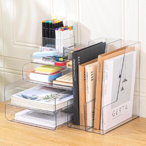 Desk Organizer with 2 Vertical File Holder, 4 Tier Stackable Paper Letter Tray File Organizer with 5-Compartments Pen Holder, Clear Desktop Organizer Office Organization and Storage