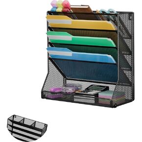 File Organizer Wall Mounted 4 Tiers Durable Adjustable Metal Vertical Hanging with 4 Pen Slots Stable R-Shaped Bottom 4 Pull-Out Devider to Sort File, Mail, Newspaper,Pen, Suitable for Office,Black