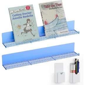 Metal Magnetic Book Shelf: Set of 2 Strong Adsorption, with Magnetic Pen Holders, Heavy-Duty Floating Wall-Mounted Organizer for Books, Office, Kids Room, Space-Saving Modern Design(Black Mesh)