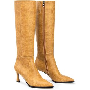 Women's Knee High Boots Kitten Heel High Boots Pointed Toe Side Zipper Wide Calf Tall Stiletto Long Boots for Women