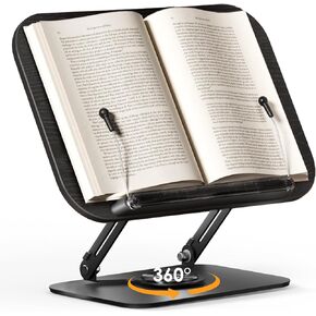 Book Stand for Reading, Adjustable Book Holder with 360° Rotating Bases, Foldable Designs, and Elastic Clips, Multifunctional Display Stand for Recipe, Cookbooks, Magazines, Tablets, Laptops
