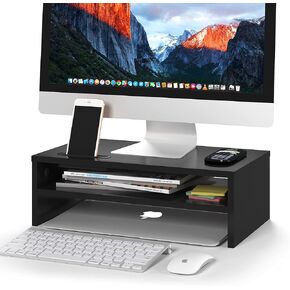 BONTEC Monitor Stand Riser White, 2 Tiers Wood Monitor Riser Stand with Storage Organizer, Desktop Ergonomic Monitor Stand Riser with Cellphone Holder and Cable Management, 16.5 Inch Desk Shelf