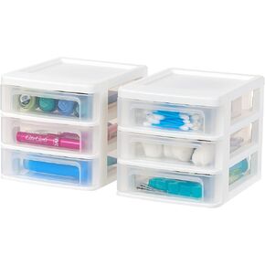 IRIS USA Medium 3-Drawer Desktop Organizer with Open Tray Top, 2 Pack, Plastic Drawer Storage Container for Stationery Art Craft Supplies, White