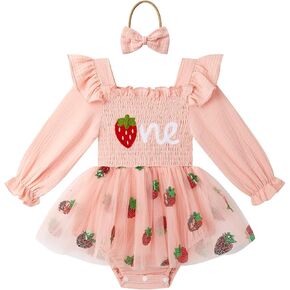 Baby Girl First Birthday Outfit Long Sleeve Smocked Fairy Berry One Romper Tulle Dress + Headband