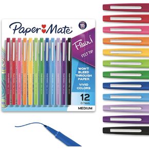 Paper Mate Flair Felt Tip Pens, Medium Point (0.7mm), Assorted Colors, 1 Pack of 12