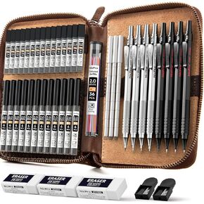 Nicpro 30PCS Black Metal Mechanical Pencil Set in Leather Case, Art Drafting Pencil 0.5, 0.7, 0.9 mm, 2mm Lead Pencil Holders for Sketching Drawing With 16 Tube (6B 4B 2B HB 2H 4H Colors)Lead Refills
