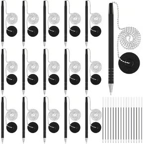 Security Pen Set with Bead Chain and Pen Holder, Desktop Pens with Chains, Blank Ink Refills for Office Bank Supplies, Black (64 Pieces)