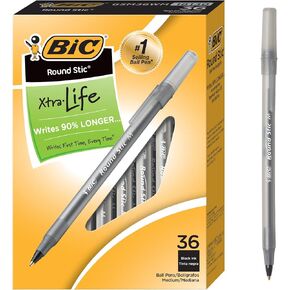 BIC Round Stic Xtra Life Ball Point Pen; Black; 36 Pack