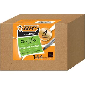BIC Round Stic Xtra Life Black Ballpoint Pens, Medium Point (1.0mm), 144-Count Pack of Bulk Pens, Flexible Round Barrel for Writing Comfort, No. 1 Selling Ballpoint Pens