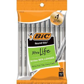 BIC Round Stic Xtra Life Black Ballpoint Pens, Medium Point (1.0mm), 10-Count Pack of Bulk Pens, Flexible Round Barrel for Writing Comfort, No. 1 Selling Ballpoint Pens