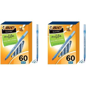 BIC Round Stic Xtra Life Ballpoint Pens, Medium Point (1.0mm), Blue, Flexible Round Barrel For Writing Comfort, 60-Count