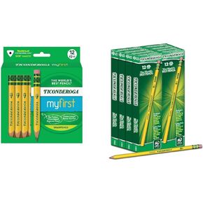 Ticonderoga My First Short Triangular Wood-Cased Pencils, #2 HB Soft, With Erasers, Yellow, 4 Count