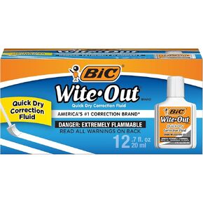 BIC Wite Out Quick Dry Correction Fluid, 20 mL, White, Goes on Easy With A Reduced Dry Time, 12-Count Pack