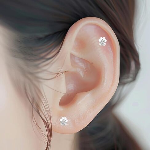 Paw-Print .925 Sterling-Silver Tiny Stud Earrings, Multiple Piercings, for Cartilage, Helix, 2nd Ear Piercing (Hypoallergenic) in Saudi Arabia