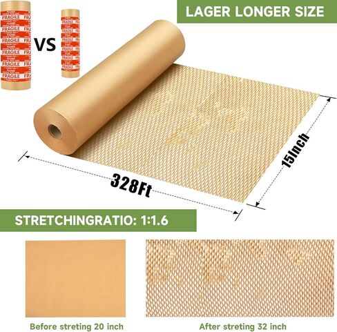 Wholeccomb تعبئة الورق Wrap 15''x328 '، بديل بديل لالتفاف وسادة الفقاعات لتحريك عبوة الشحن ، وإعادة التدوير إمدادات متحركة مع 48 ملصقات هشة in Kuwait