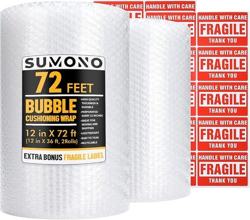 Bubble Cushioning Wrap Roll, Sumono 12 Inch x 72 Feet Total [2 Rolls of 36 Feet] Bubble Roll Perforated 12 Inch Included 20 Fragile Sticker Label in Saudi Arabia