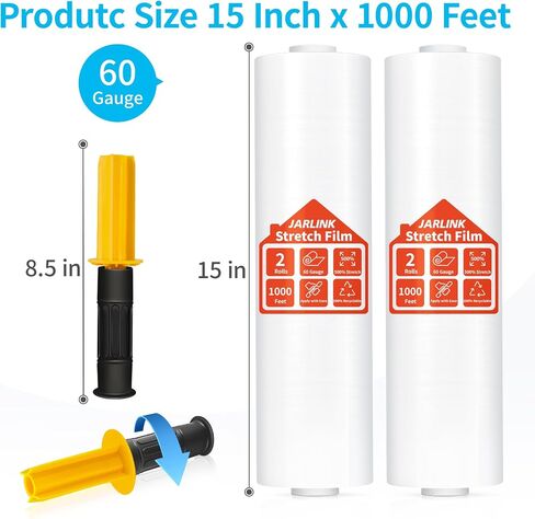 JARLINK Stretch Film, 15 Inch x 1000 Feet Shrink Wrap for Pallet Wrap, Industrial Strength Stretch Wrap with Handles, Moving Wrapping Plastic Roll, 60 Gauge, 2 Pack, Clear in Kuwait