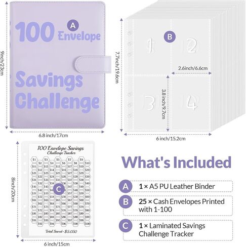 SKYDUE 100 Envelopes Money Saving Challenge Binder, Savings Challenges Book with Cash Envelopes, Budget Binder with Double Side Laminated Tracker, Easy and Fun Way to Save $5050, 10000 in Saudi Arabia