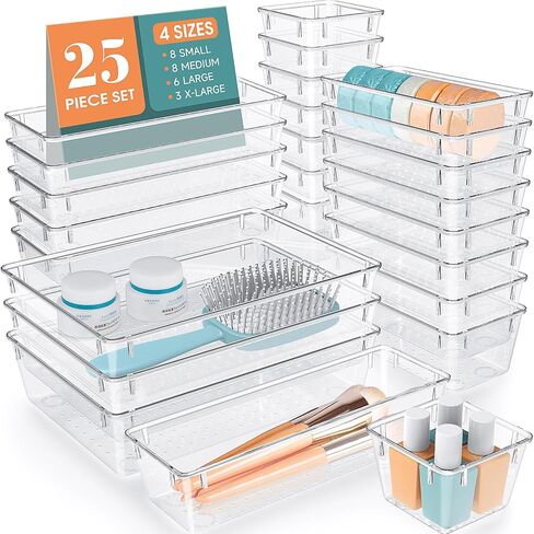 WOWBOX 25 PCS مجموعة منظمات درج بلاستيكية شفافة ، 4 أحجام منظمي مقسم الدرج المكتبي وصناديق التخزين للمكياج ، المجوهرات ، الأدوات للمطبخ ، غرفة نوم ، حمام ، مكتب in Kuwait