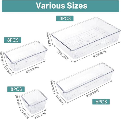 WOWBOX 25 PCS مجموعة منظمات درج بلاستيكية شفافة ، 4 أحجام منظمي مقسم الدرج المكتبي وصناديق التخزين للمكياج ، المجوهرات ، الأدوات للمطبخ ، غرفة نوم ، حمام ، مكتب in Kuwait
