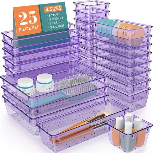 WOWBOX 25 PCS مجموعة منظمات درج بلاستيكية شفافة ، 4 أحجام منظمي مقسم الدرج المكتبي وصناديق التخزين للمكياج ، المجوهرات ، الأدوات للمطبخ ، غرفة نوم ، حمام ، مكتب in Kuwait