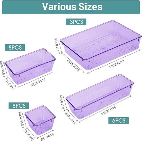 WOWBOX 25 PCS مجموعة منظمات درج بلاستيكية شفافة ، 4 أحجام منظمي مقسم الدرج المكتبي وصناديق التخزين للمكياج ، المجوهرات ، الأدوات للمطبخ ، غرفة نوم ، حمام ، مكتب in Kuwait