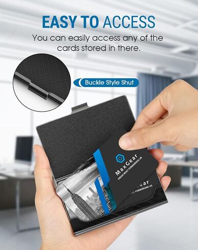 MaxGear Metal Business Card Holder for Men & Women, Professional Stainless Steel Card Case for Business Cards, Slim Purse Name Cards Holders Wallet with Interior Lining, Buckle Style Shut, Black in Saudi Arabia