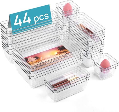 Vtopmart 44 PCS Clear Plastic Drawer Organizers Set, 4-Size Versatile Bathroom and Vanity Organizer Trays, Non-Slip Storage Containers for Makeup, Jewelries, Bedroom，Kitchen Utensils and Office in Kuwait