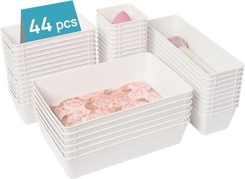 Vtopmart 44 PCS Clear Plastic Drawer Organizers Set, 4-Size Versatile Bathroom and Vanity Organizer Trays, Non-Slip Storage Containers for Makeup, Jewelries, Bedroom，Kitchen Utensils and Office in Kuwait