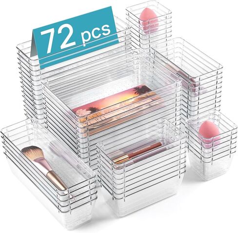 Vtopmart 72 PCS Clear Plastic Drawer Organizers Set, 4-Size Versatile Bathroom and Vanity Organizer Trays, Non-Slip Storage Containers for Makeup, Jewelries, Bedroom，Kitchen Utensils and Office in Saudi Arabia