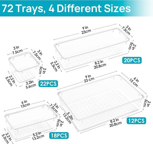 Vtopmart 72 PCS Clear Plastic Drawer Organizers Set, 4-Size Versatile Bathroom and Vanity Organizer Trays, Non-Slip Storage Containers for Makeup, Jewelries, Bedroom，Kitchen Utensils and Office in Saudi Arabia