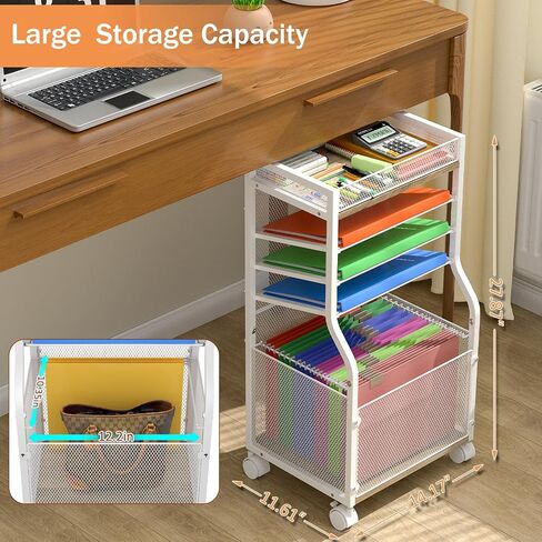 5-Tier Rolling File Cart with Hanging File Folders, Mobile Desk File Organizer on Lockable Wheels, Wood & Mesh Paper Letter Sliding Trays Organization for Office, Home, School, Patent in Saudi Arabia