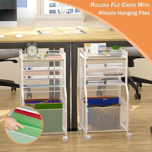 5-Tier Rolling File Cart with Hanging File Folders, Mobile Desk File Organizer on Lockable Wheels, Wood & Mesh Paper Letter Sliding Trays Organization for Office, Home, School, Patent in Saudi Arabia